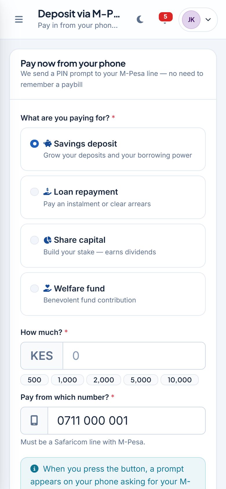 Deposit on mobile